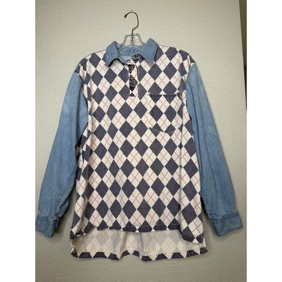 Andrew's Blues Tops - Andrews Blues Denim Patchwork Henley Shirt Cotton Blue Large